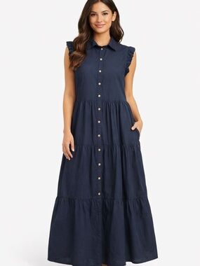 Mexx navy maxi dress S sleeveless tiered flutter sleeve button down summer